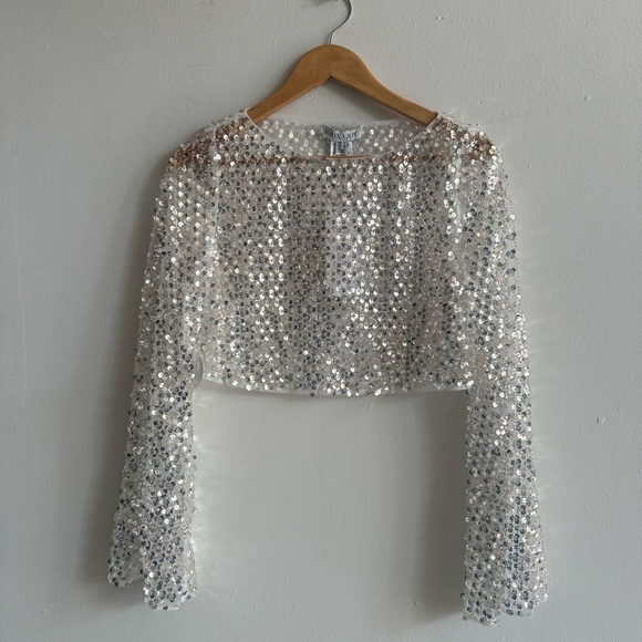 NWT Shona Joy Asteri Long Sleeve Sequin Crop Top in Silver Sz 0 - Picture 10 of 14